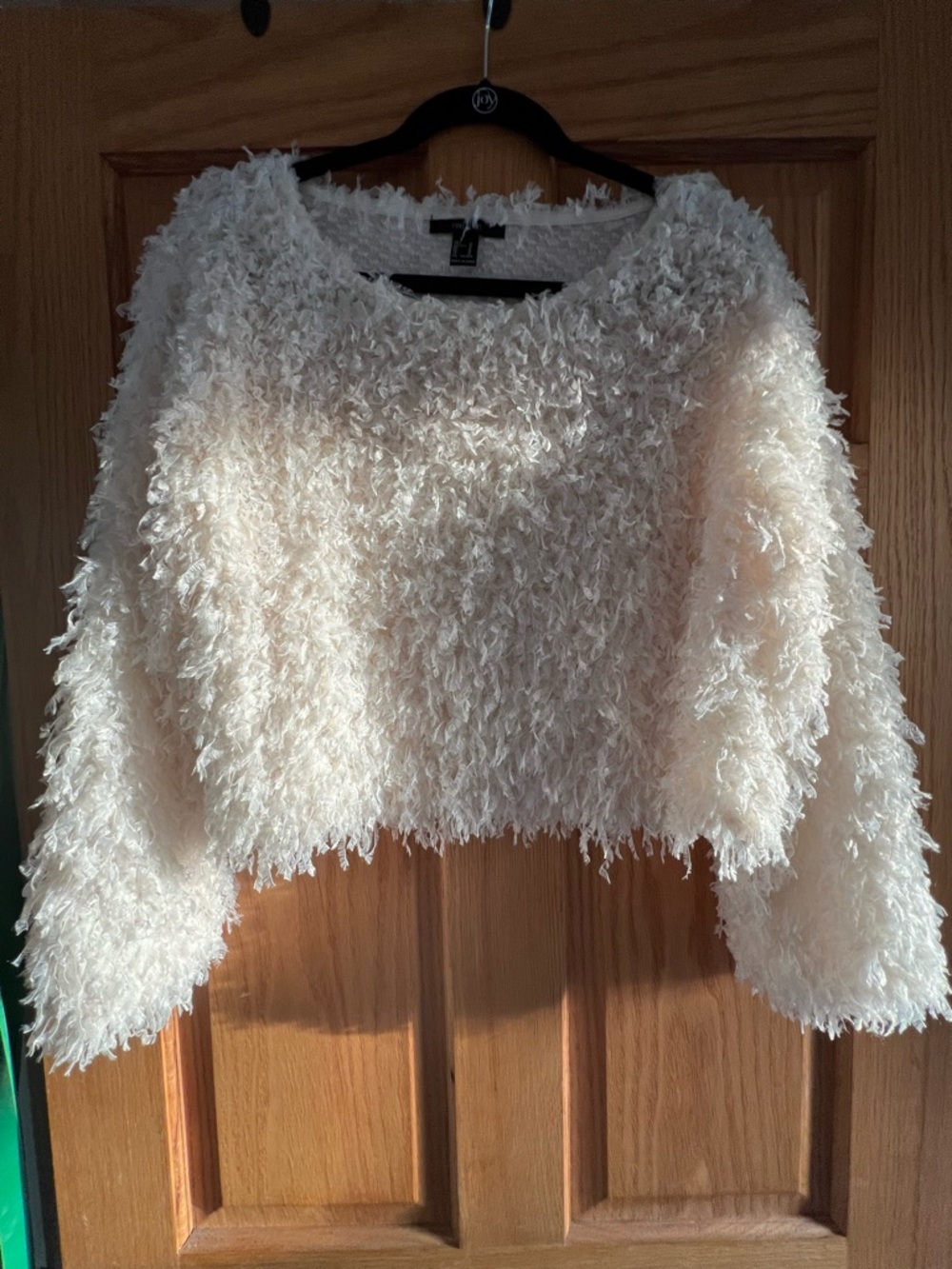 Forever 21 Cream Fuzzy Cropped Crewneck Sweater